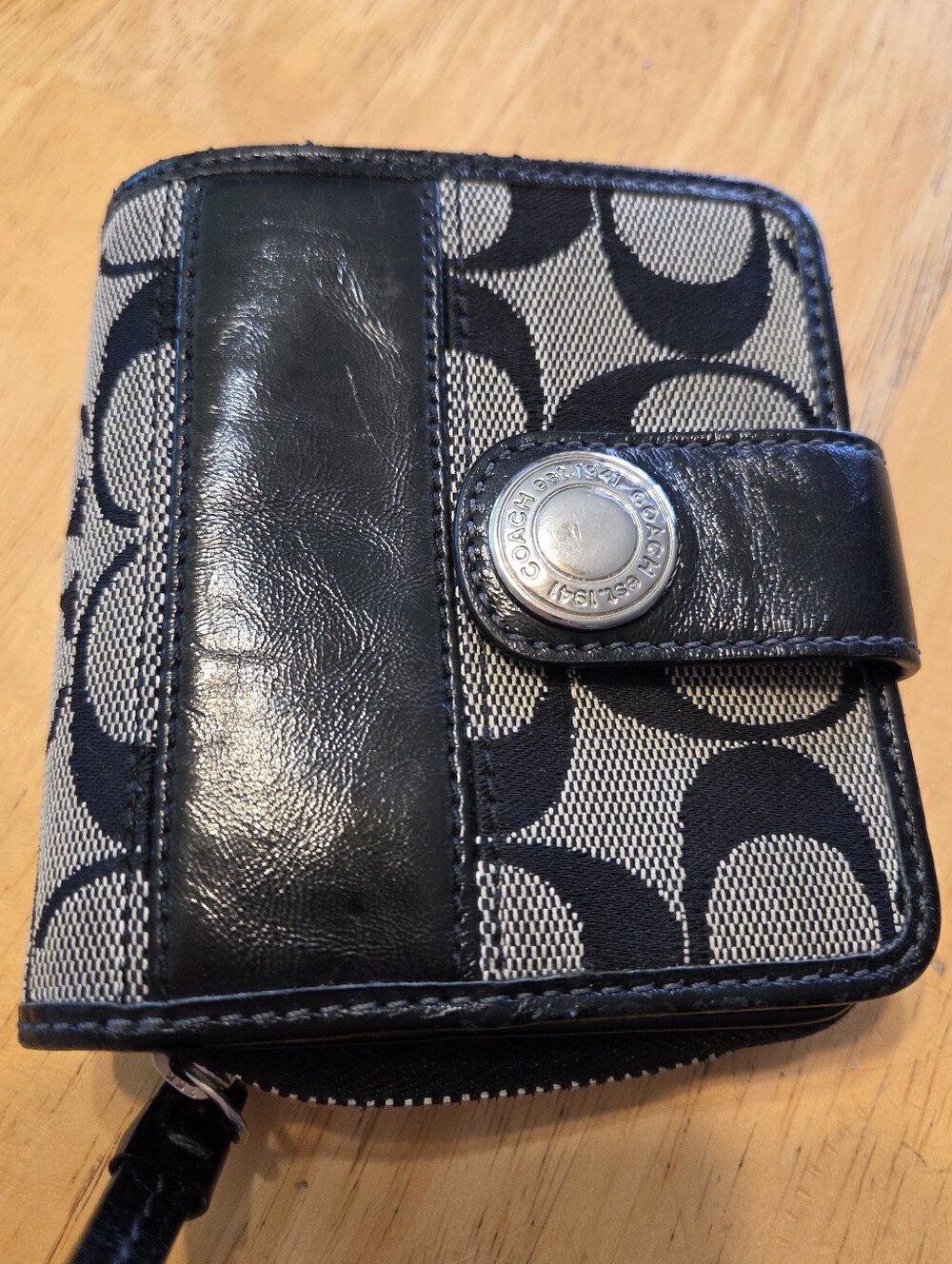 Coach Black and Cream Signature Canvas Leather Wallet - Small Size